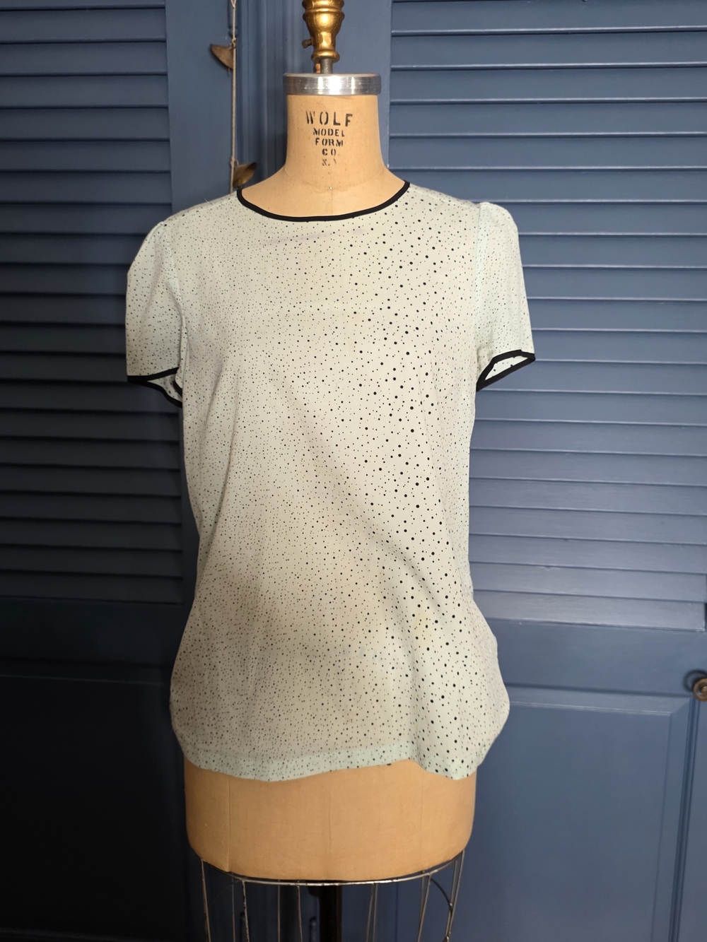 French Connection Mint Green & Black Polka Dot Piping Blouse